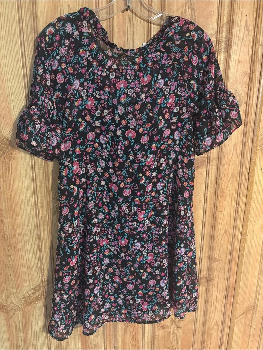 wonder nation Navy Floral Short Sleeve Dress with Pink & Purple Flowers